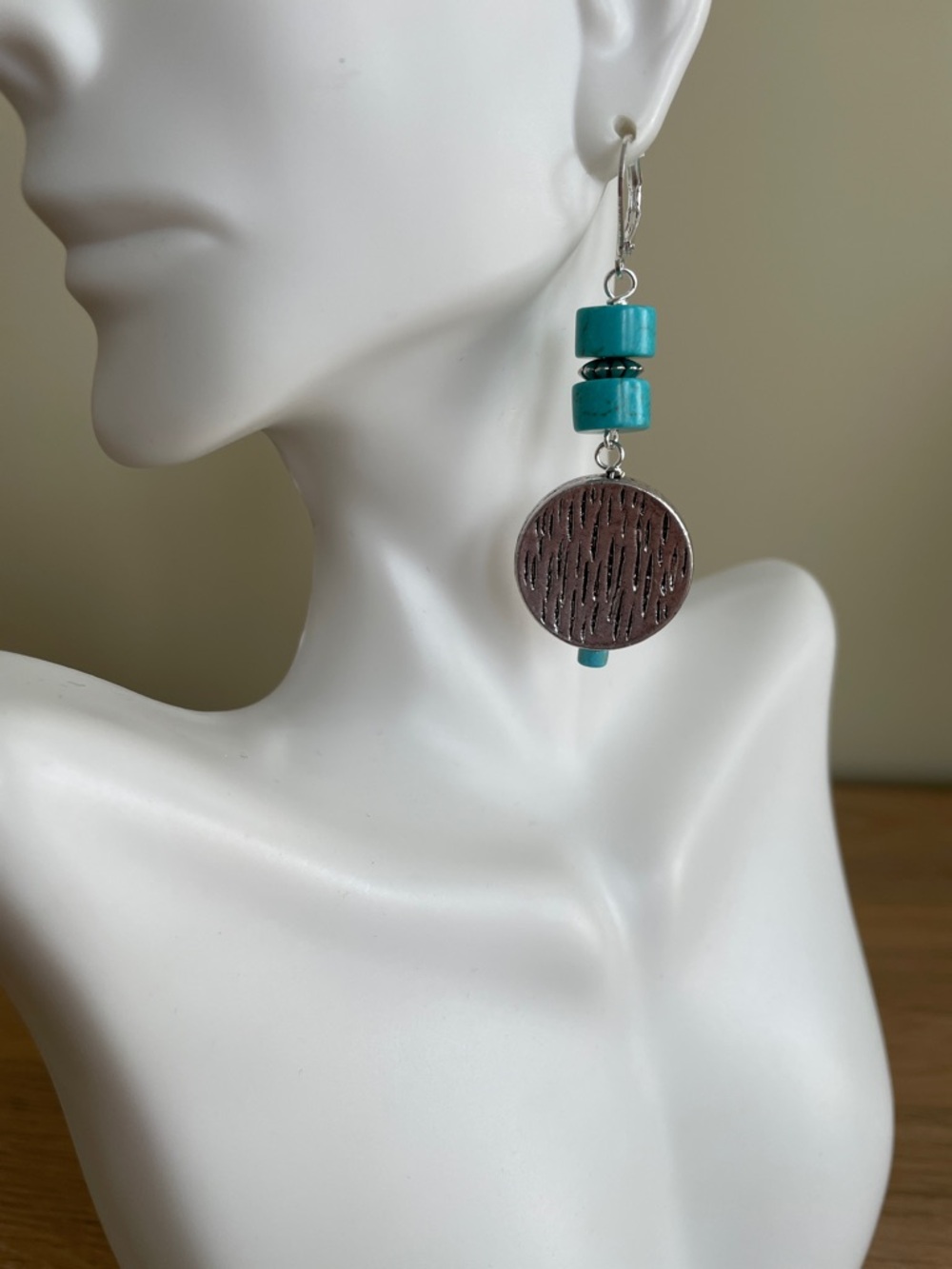 HAND CRAFTED TURQUOISE & SILVER COIN BEAD EARRINGS Southwestern Boho Dangles - Picture 3 of 12
